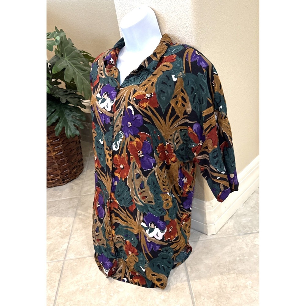VTG Venezia Sports Wear Black Floral S/S Button Up Shirt XL Should Pads Cruise